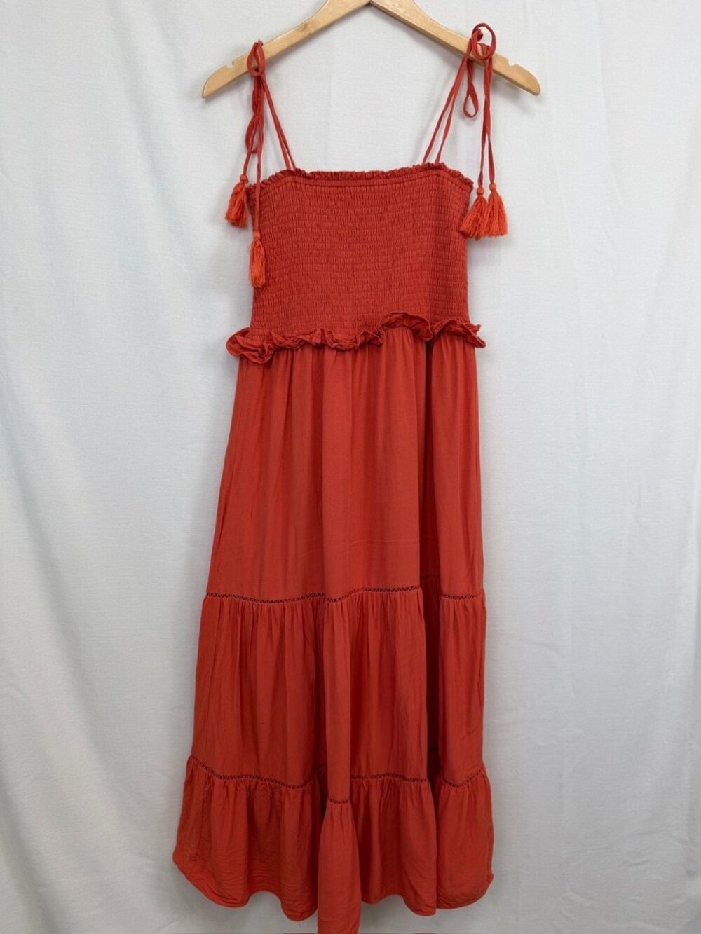 Lost + Wander Women's Maxi Dress Smocked Tassel Tie Rust Orange Boho Tiered XS